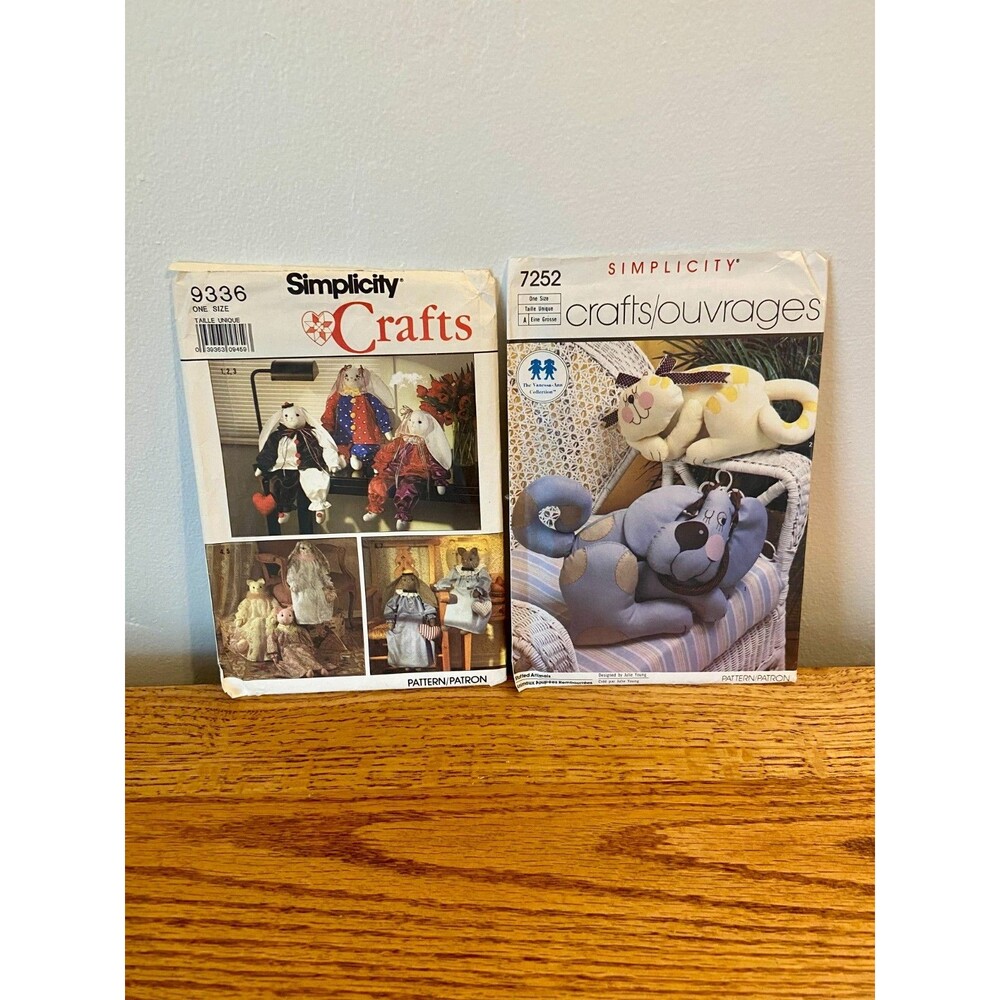 (2) Simplicity Crafts #9336 #7252 Stuffed 24" Bunny Cat Stuffed Animal VTG Uncut